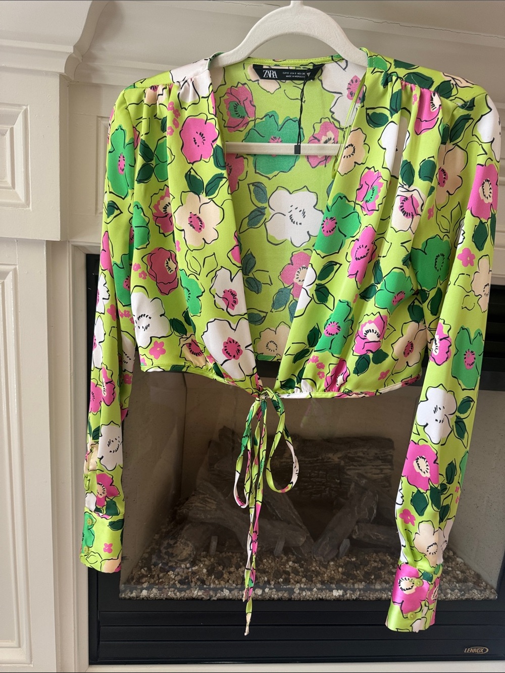Zara Lime Green Floral Tie-Front Crop Top with Pink & White Blooms